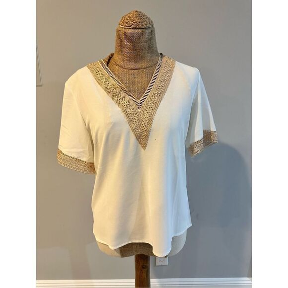 SHEIN cream v neck blouse top- sz small /4 crochet lined - Picture 1 of 4